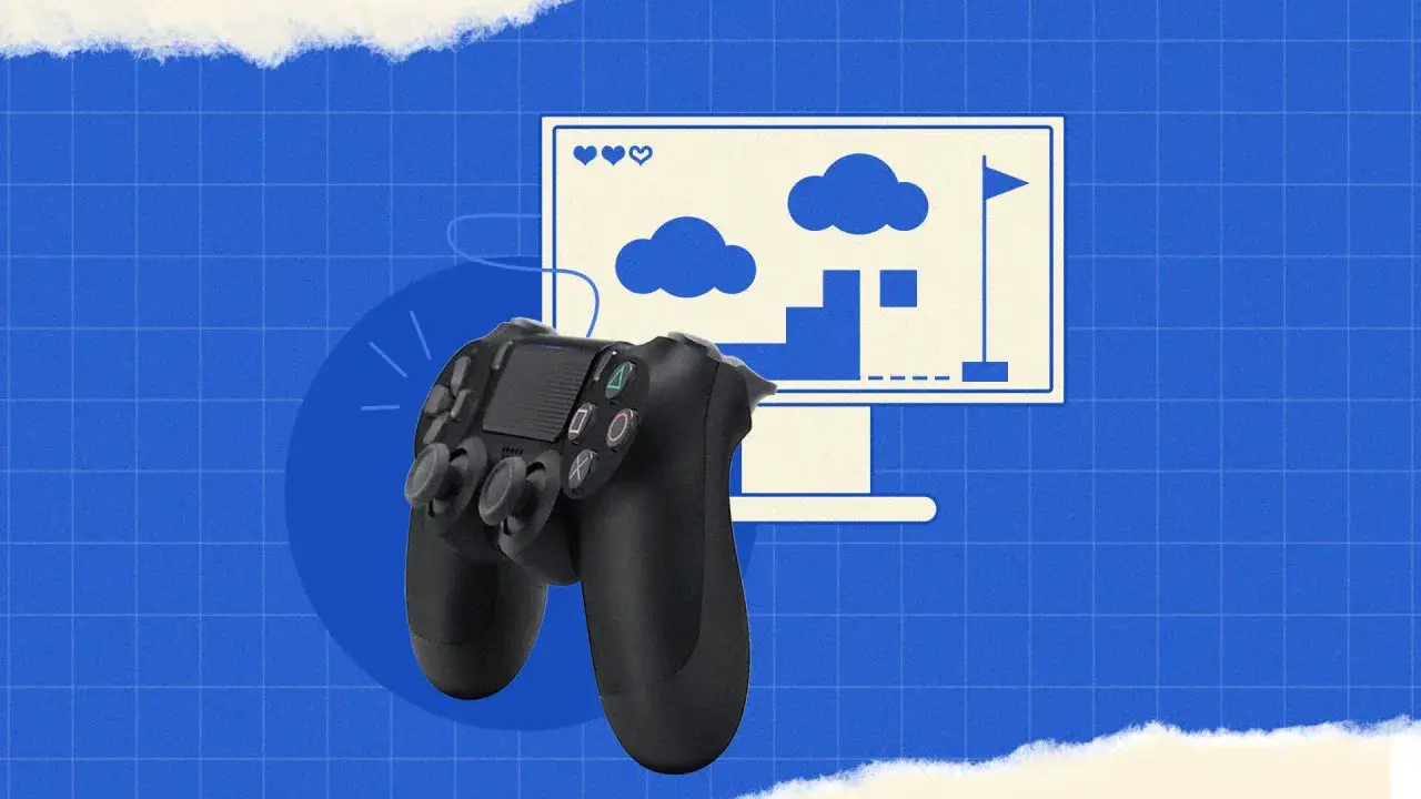 Czarny pad DualShock 4 i ekran komputera z elementami gry. Dowiedz się, jak podłączyć pada PS4 do PC.
