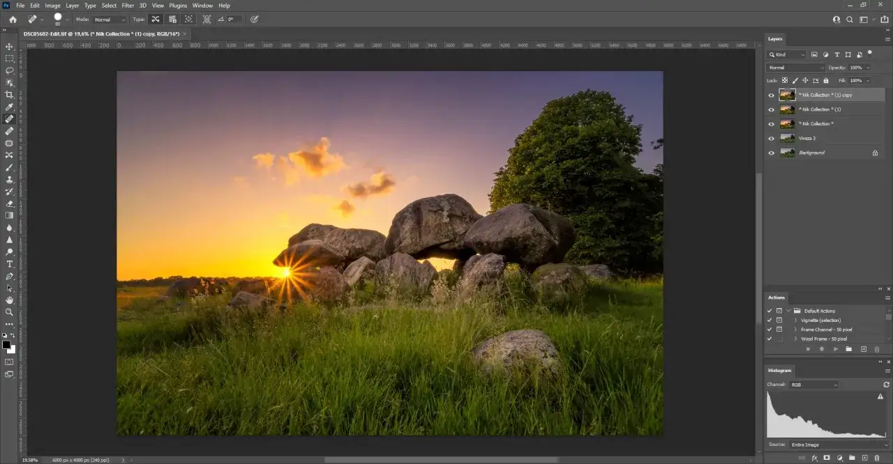 A dolmen at sunset, with sunburst through the stones. Photoshop layers show editing in progress, offering photo editing tips.
