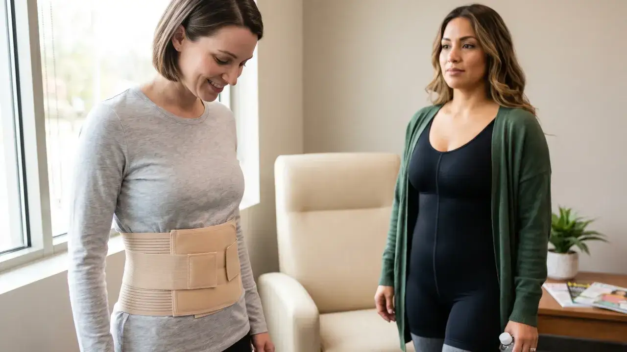 Två kvinnor diskuterar mommy makeover risker. En bär ett stödbälte, den andra en shapewear-dräkt.