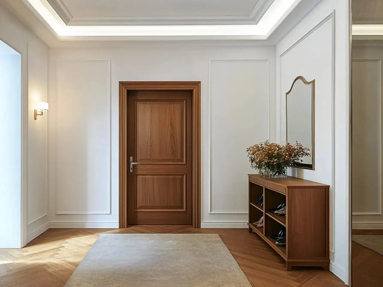 Elegancka sztukateria w przedpokoju podkreśla klasyczny styl. Drewniane drzwi, lustro i komoda tworzą przytulną atmosferę.