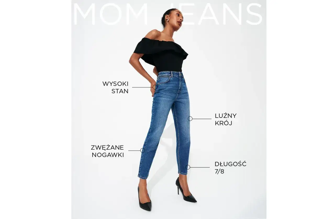 Modelka prezentuje modne mom jeans: wysoki stan, luźny krój, zwężane nogawki i długość 7/8. Idealne do codziennych stylizacji.