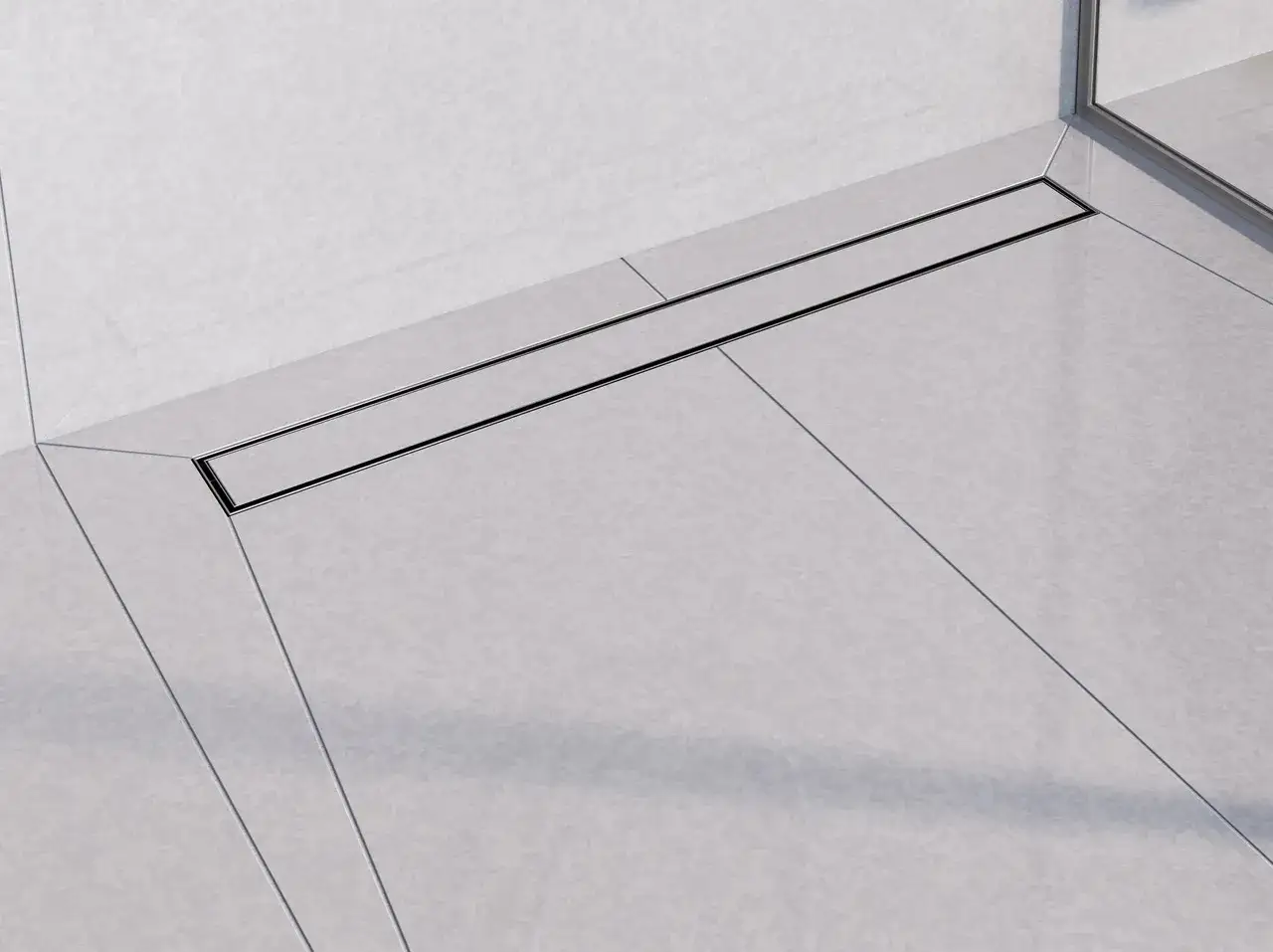 Nowoczesny brodzik z kafelek z czarną, liniową odpływem. Minimalistyczny design łazienki.