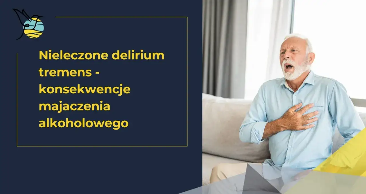Starszy mężczyzna z bólem w klatce piersiowej, symbolizujący skutki nieleczonego delirium tremens.