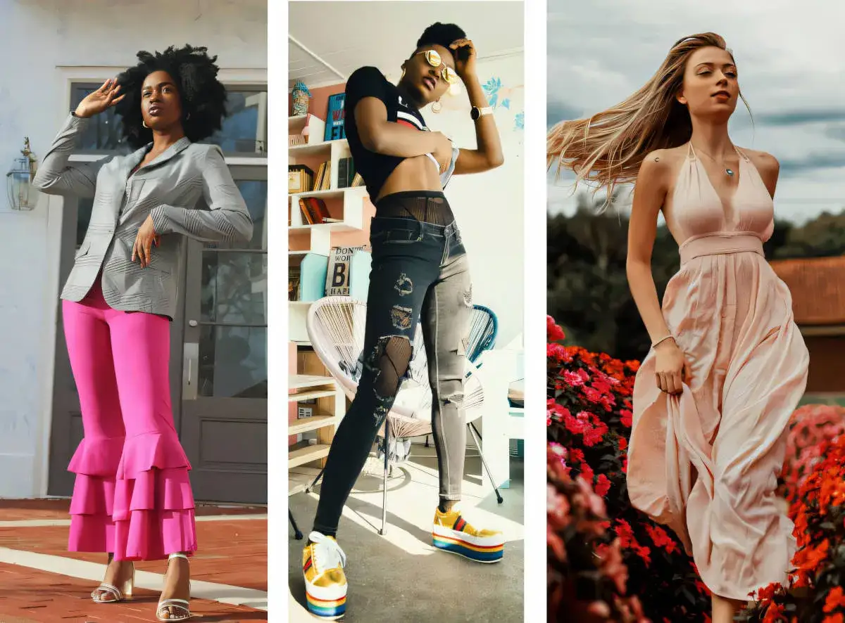 Trzy kobiety prezentują odważny styl ubioru: elegancki z różowymi dzwonami, streetwear z podartymi jeansami i crop topem, oraz romantyczny w zwiewnej, beżowej sukience.