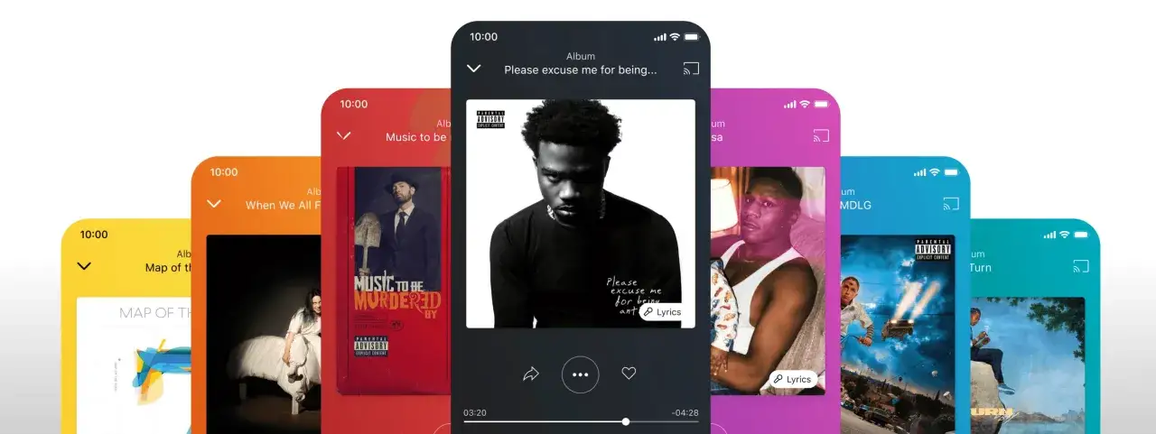 Écrans de téléphone affichant des pochettes d'albums, comme sur Spotify ou Deezer. Musique à écouter.