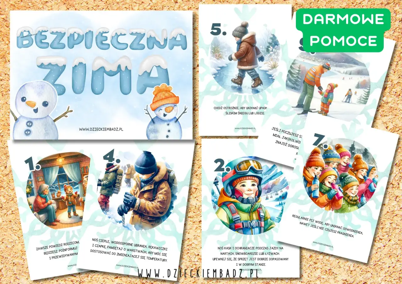 Ilustracje z zasadami bezpieczne ferie: dzieci na nartach, sankach, lodowisku, w domu. Wskaz&oacute;wki dotyczące ubioru i bezpieczeństwa.