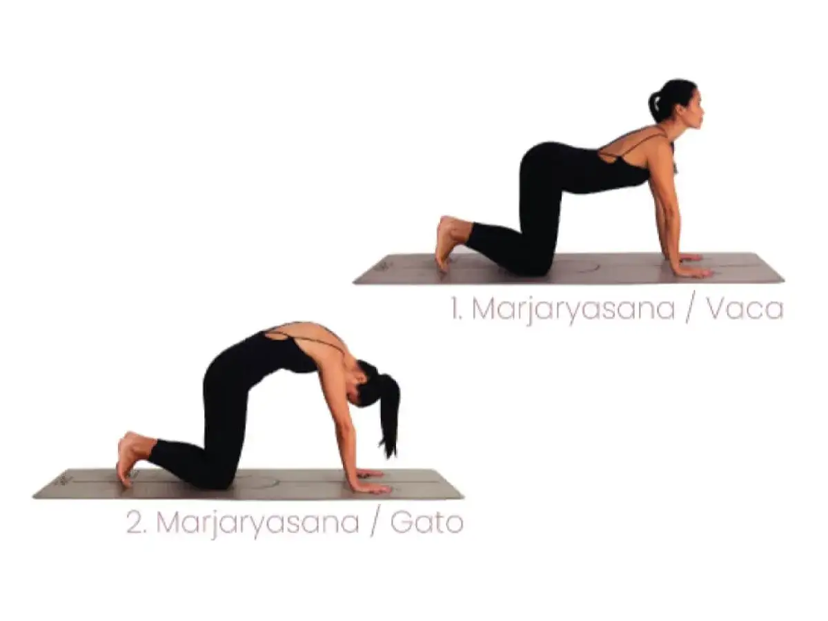 Mujer en postura de la vaca (arriba) y gato (abajo) en esterilla de yoga.