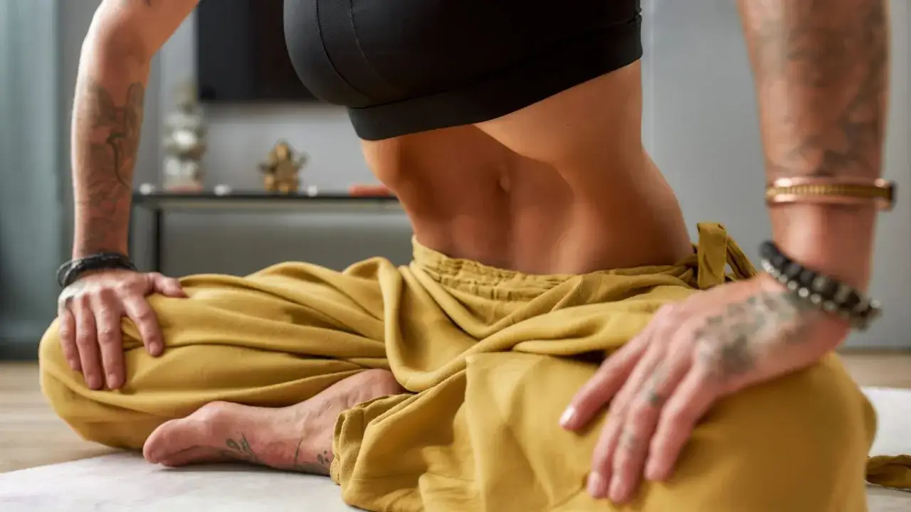 Femme en posture de méditation, pratiquant le stomach vacuum pour renforcer son périnée.