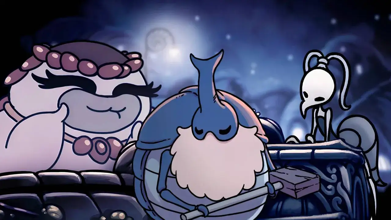 El señor Seta de Hollow Knight, con su barba blanca, junto a otros personajes en un ambiente nocturno.