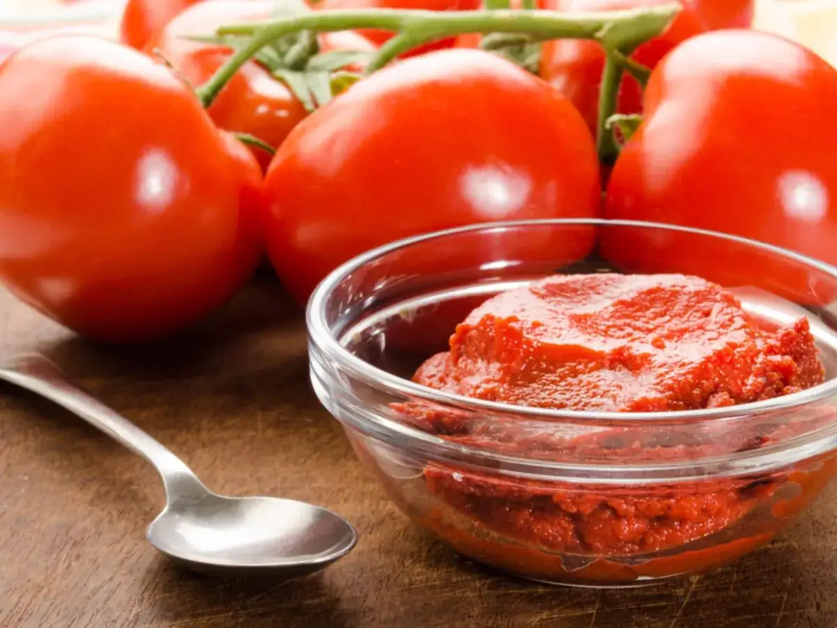 Frische Tomaten und eine Schüssel mit selbstgemachtem Tomatenmark. Ein Löffel liegt daneben, bereit zum Probieren.