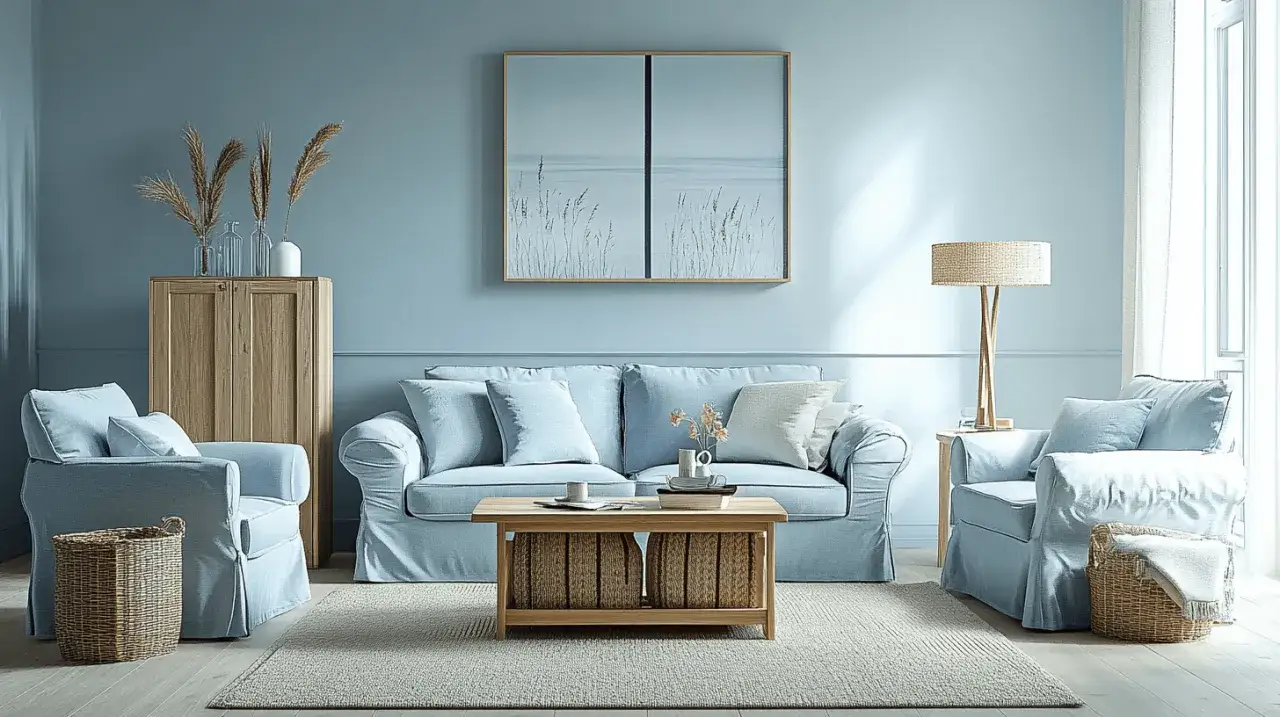 Gemütliches Wohnzimmer mit hellblauer Wand, Sofa, Sesseln und Holzakzenten.