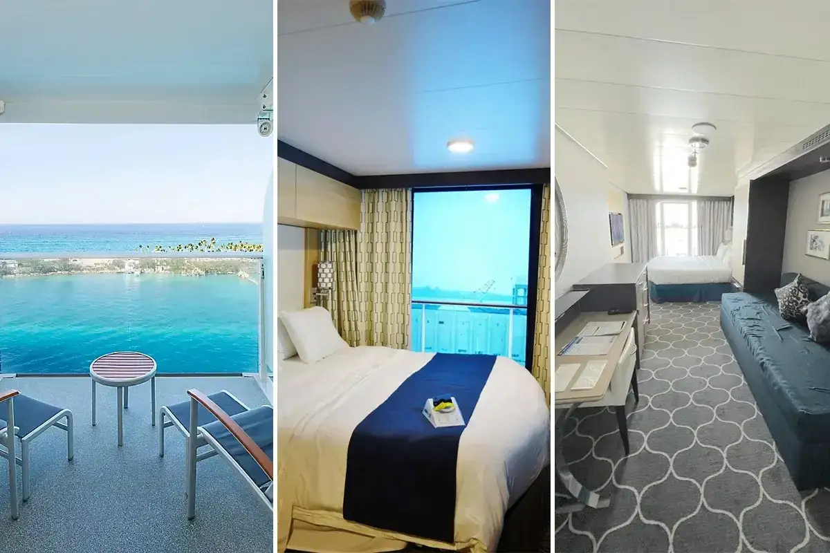 Vista mare da balcone, letto e divano in una royal caribbean cabine.