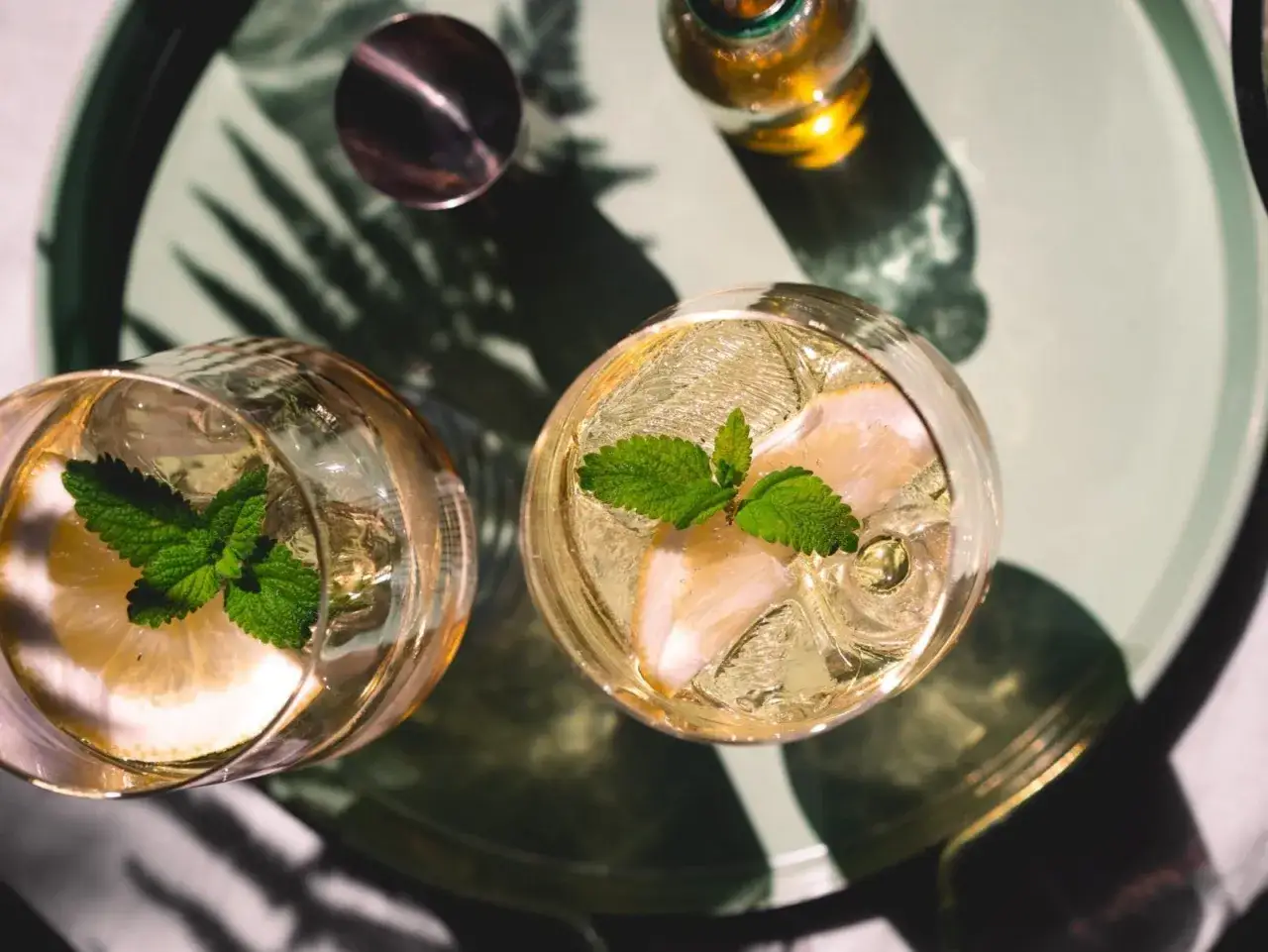 Erfrischende Aperitif-Rezepte: Zwei Gläser mit Eis, Zitrone und Minze auf einem Tablett.