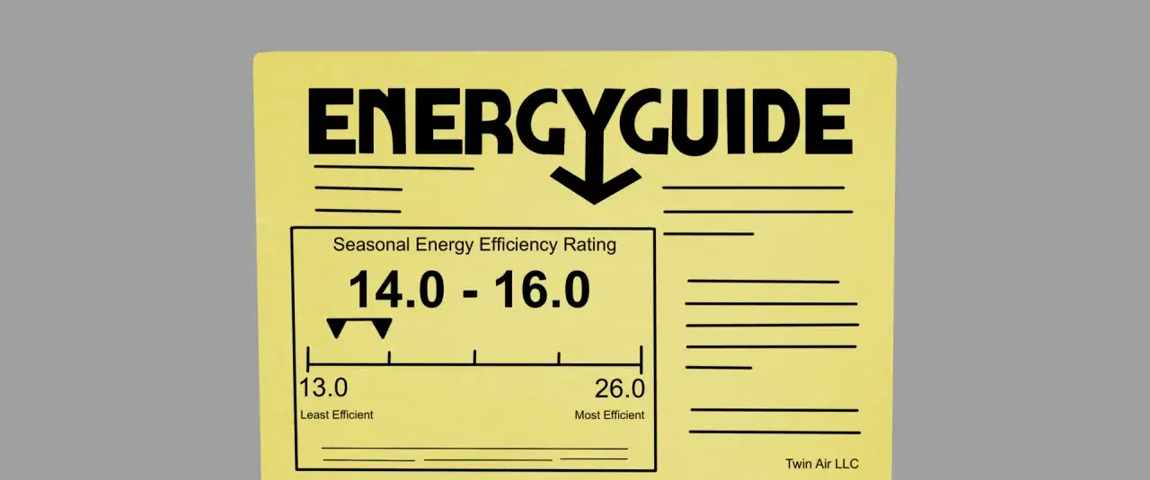 Etichetta EnergyGuide per condizionatore con rating 14.0-16.0. Il consumo energetico varia se il condizionatore consuma pi&ugrave; a caldo o a freddo.