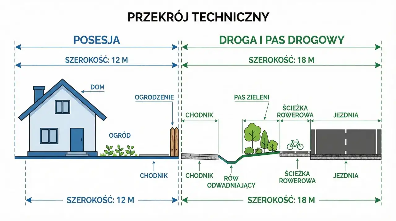 Przekrój techniczny: posesja (12m) z domem i ogrodem, droga i pas drogowy (18m) z chodnikiem, rowem, pasem zieleni, ścieżką rowerową i jezdnią. Co to znaczy pas? To część drogi.