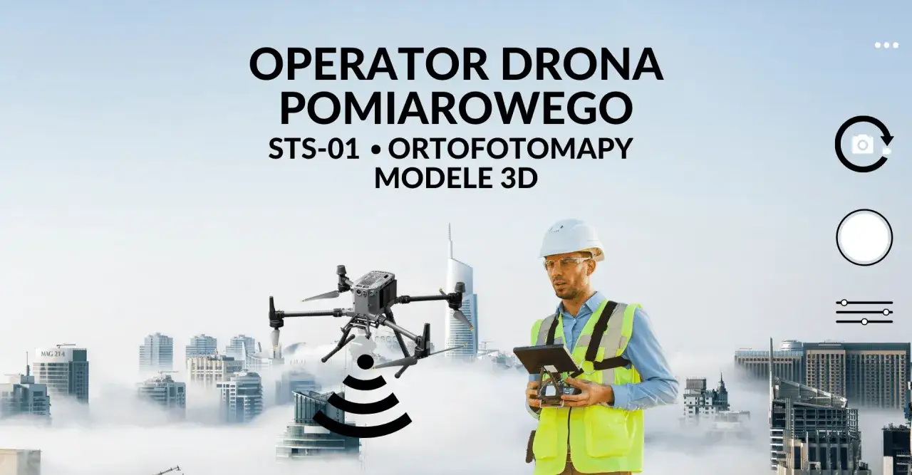 Operator drona pomiarowego steruje maszyną nad miastem, tworząc ortofotomapy i modele 3D.