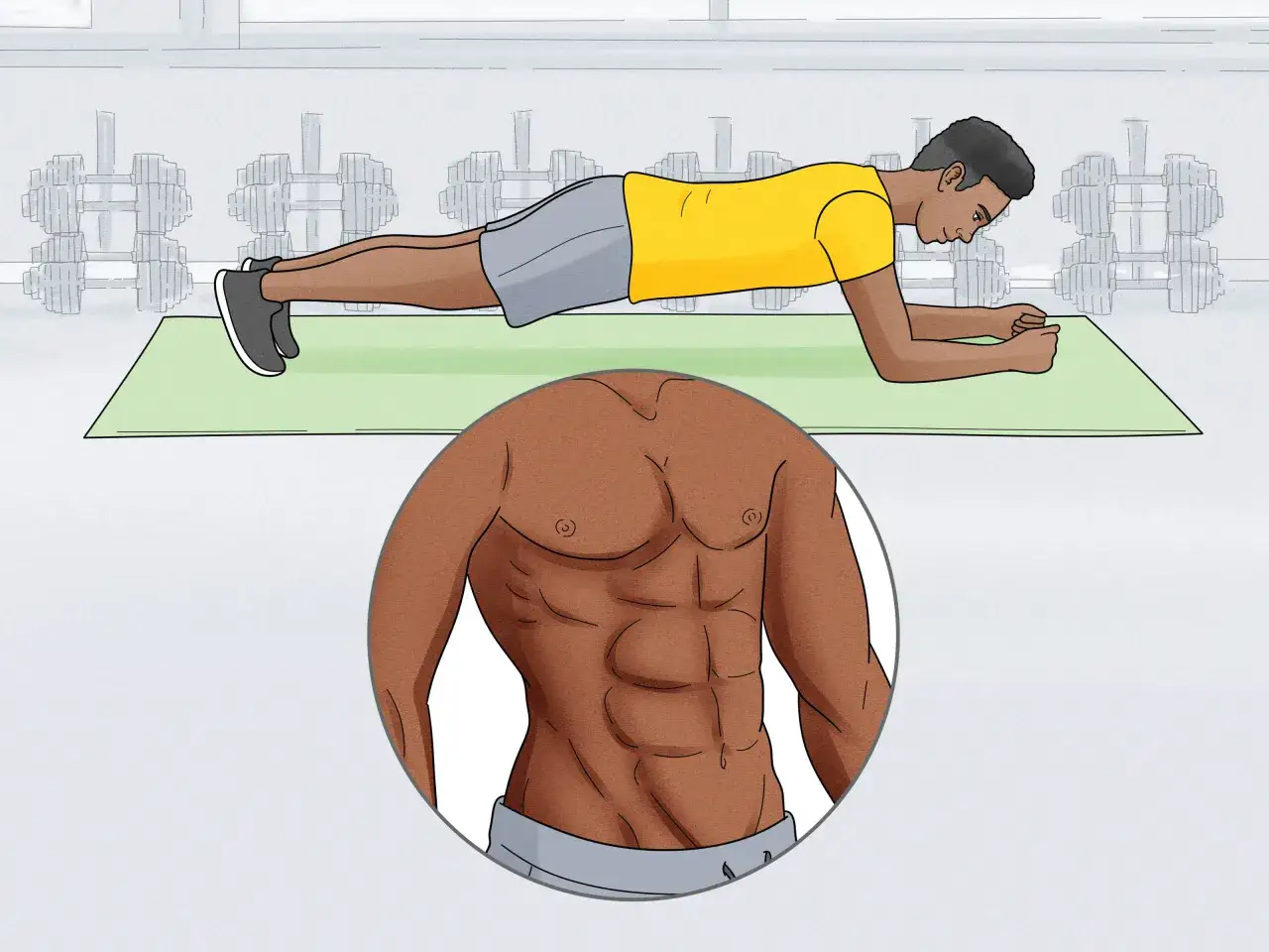 Mann in gelbem Shirt macht Plank-Training auf gr&uuml;ner Matte. Nahaufnahme zeigt definierte Bauchmuskeln.