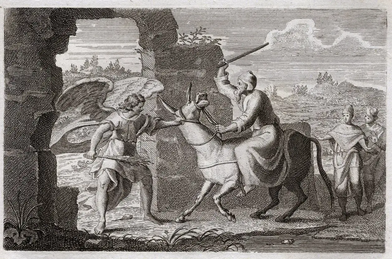 Balaam reitet auf seinem Esel, als ein Engel mit gezogenem Schwert erscheint, eine Szene, die an Sacharja 9,9 erinnert.