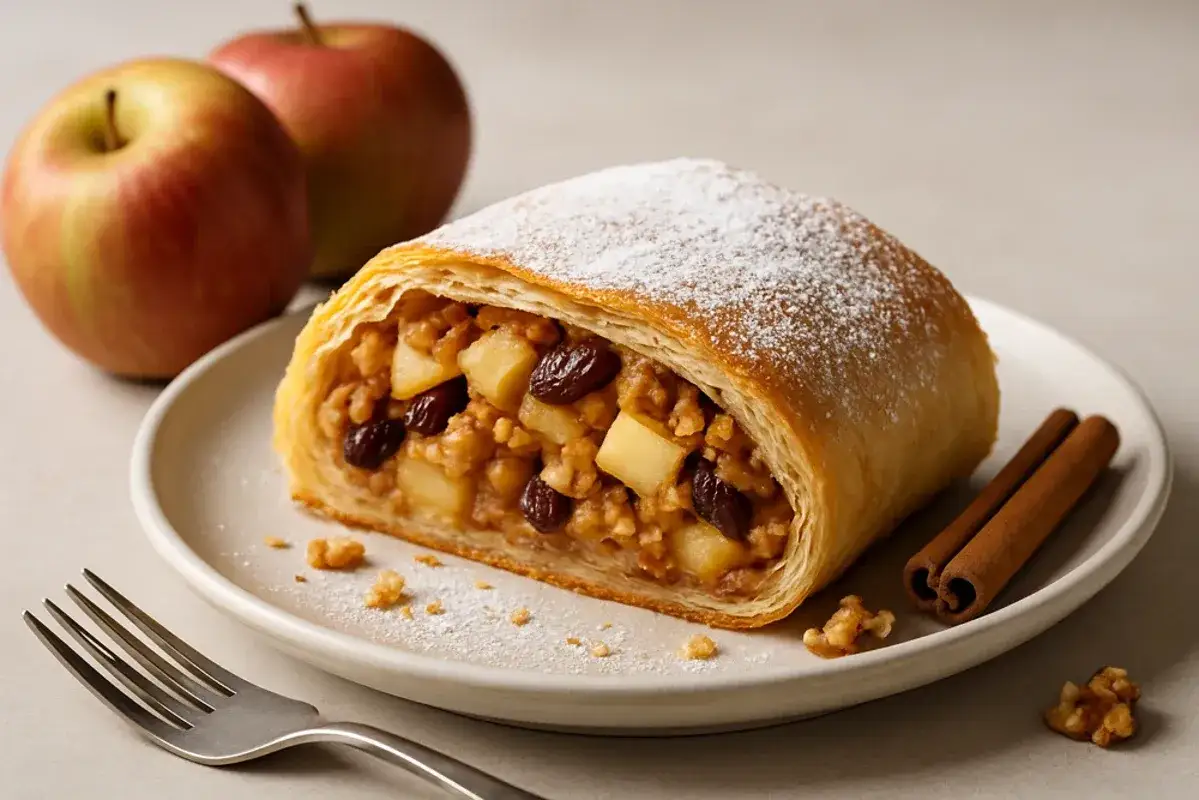 En saftig äppelstrudel med russin och kanel, pudrad med florsocker. En härlig ensalada de manzana för fikat.