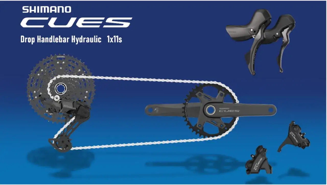 Shimano CUES: hydrauliczne hamulce i napęd 1x11 do rowerów z kierownicą typu drop bar. Zestaw zawiera manetki, korbę, kasetę, przerzutkę i zaciski hamulcowe.