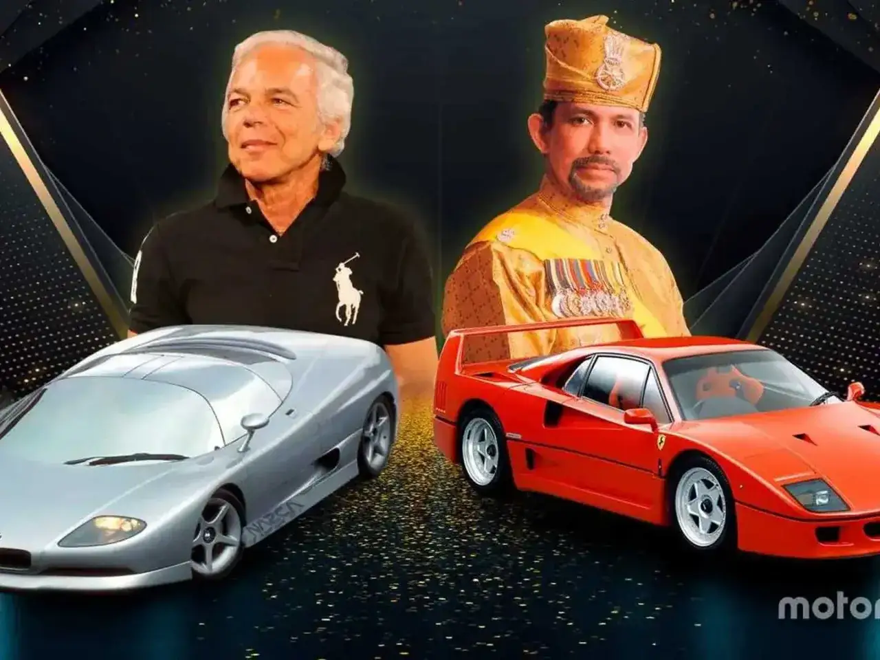 Ralph Lauren y el Sultán de Brunéi, rodeados de coches raros: un plateado McLaren F1 y un rojo Ferrari F40.