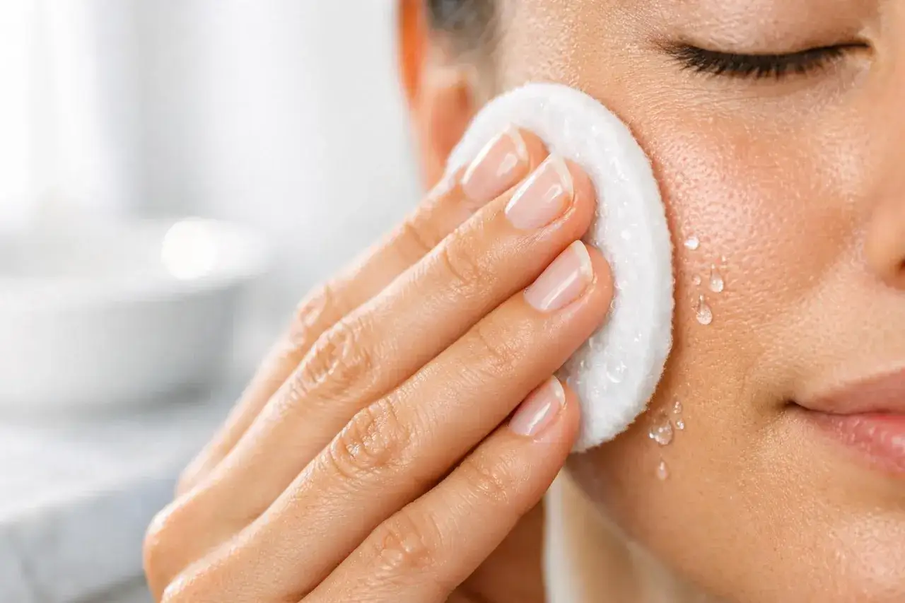 Una mano con unghie curate passa un dischetto di cotone imbevuto di acqua micellare sul viso, rimuovendo impurità e trucco.