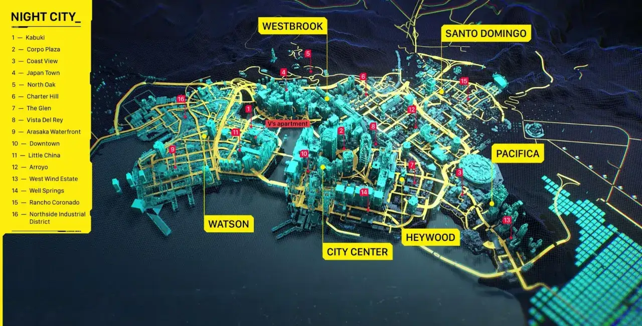 Mapa Night City z zaznaczonymi dzielnicami i lokacjami, idealna do śledzenia postępów w zdobywaniu **cyberpunk 2077 trofea**.