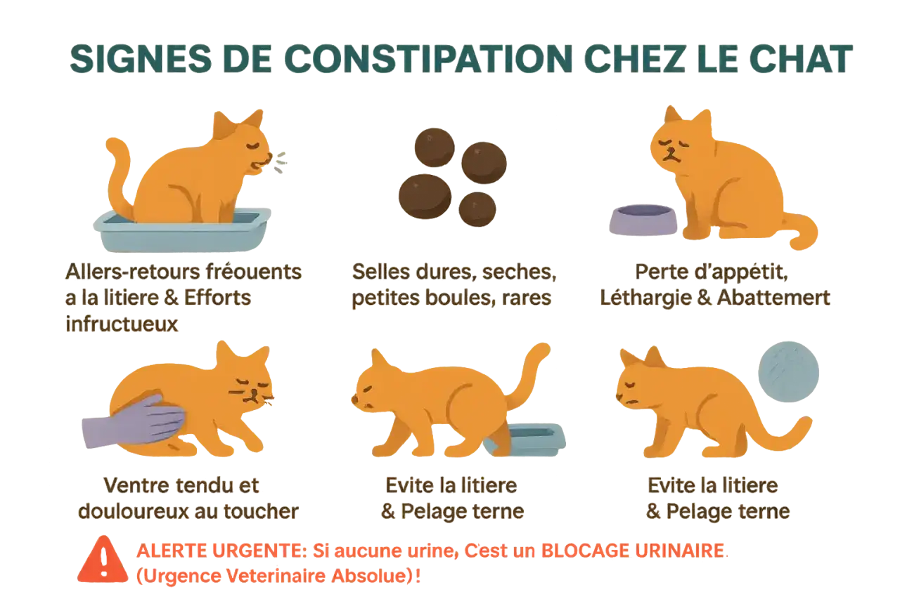 Mon chat ne fait plus caca depuis 4 jours. L'image montre les signes de constipation féline : allers-retours fréquents à la litière, selles dures, perte d'appétit, ventre tendu, et évitement de la litière.