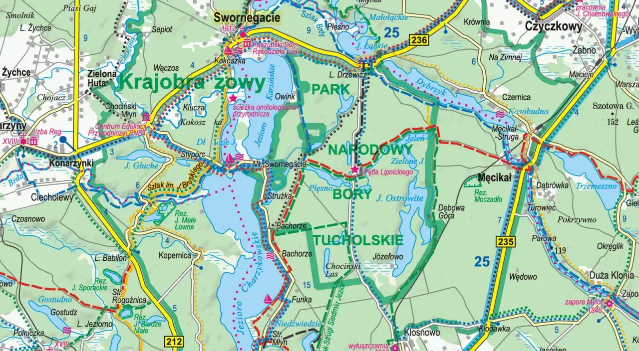 Mapa Bory Tucholskie: dojazd drogą 236 i 235 przez Męcikał, Swornegacie, Czersk.
