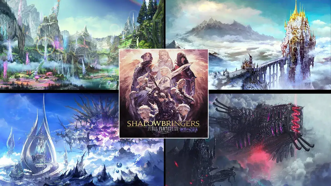 Kolaż z Final Fantasy XIV: Shadowbringers, przedstawiający fantastyczne krajobrazy i postacie. To jedna z gier z najlepszą fabułą.