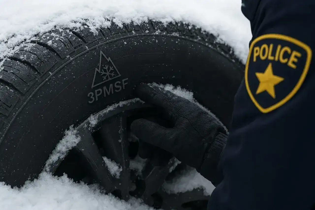 Policjant sprawdza oznaczenie 3PMSF na oponie, sugerując, czy opony wielosezonowe są dobre na zimę.