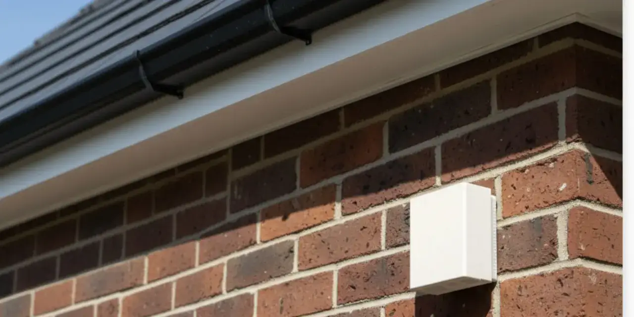Bo&icirc;tier blanc fix&eacute; sur un mur de briques, possiblement li&eacute; &agrave; un probl&egrave;me de sonde ext&eacute;rieure de chaudi&egrave;re.