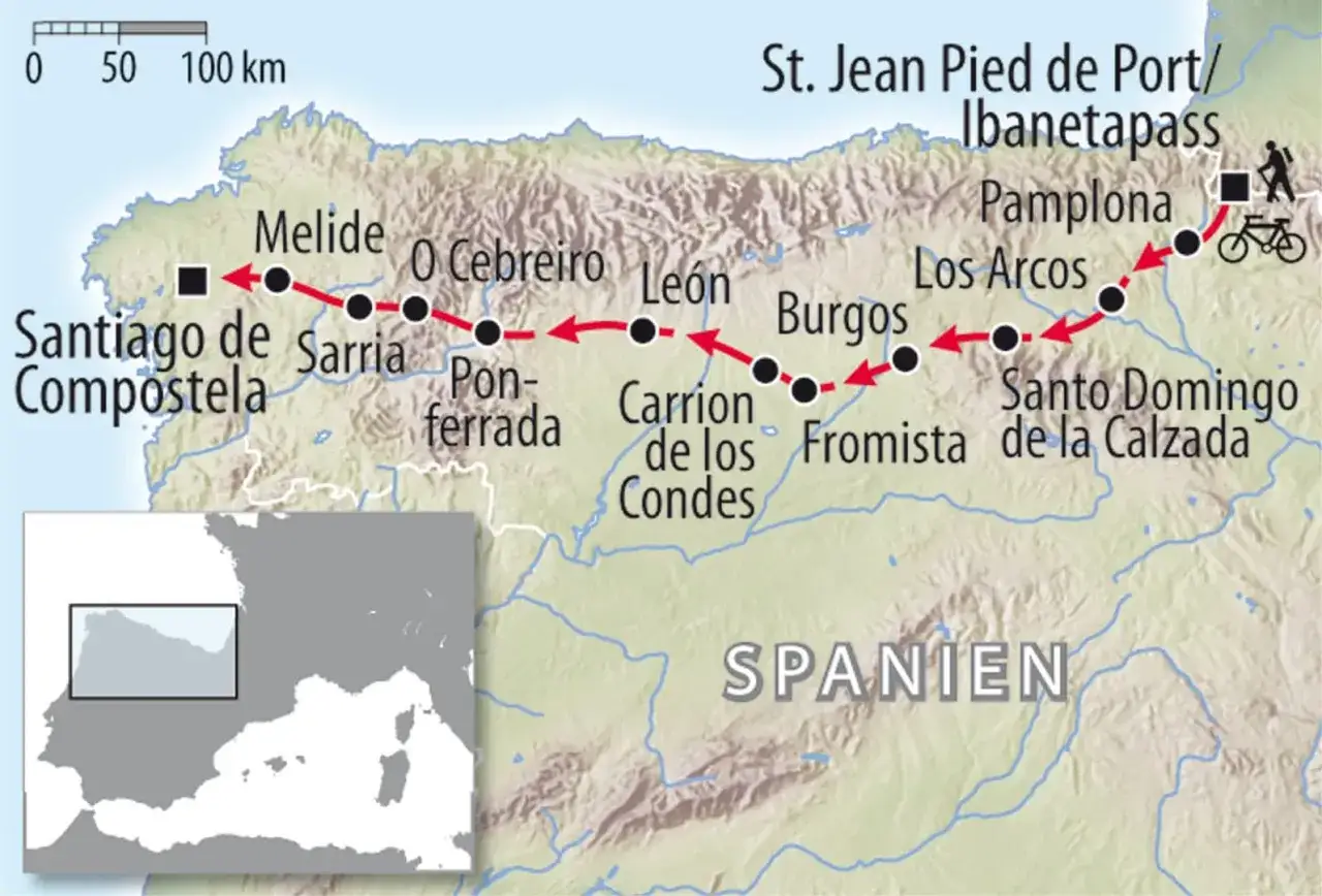 Karte zeigt den Jakobsweg von St. Jean Pied de Port bis Santiago de Compostela. Orte wie Pamplona, Burgos und Le&oacute;n sind markiert.