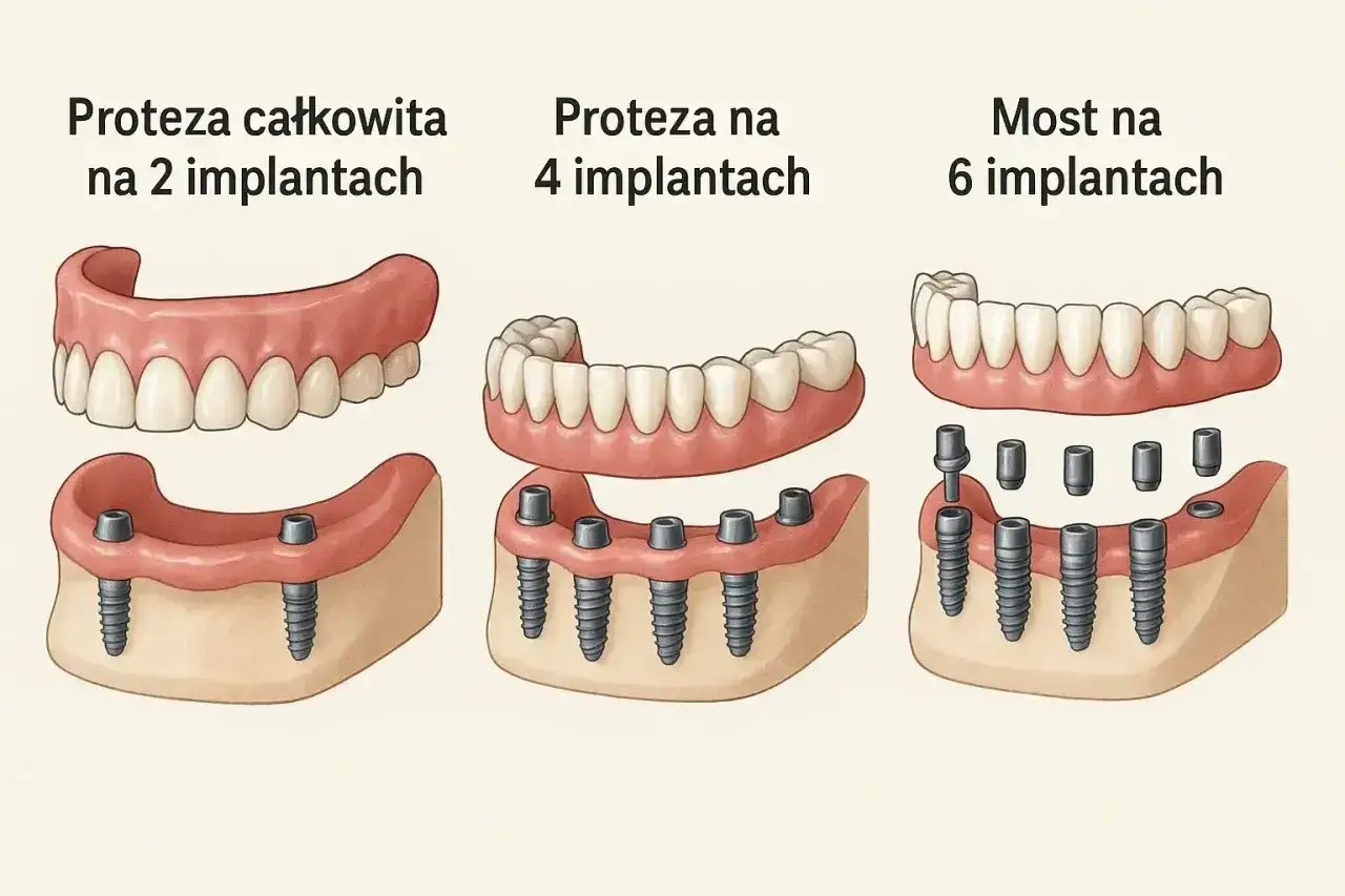 Ilustracja pokazuje protezy zębowe na 2, 4 i 6 implantach. Cena dostawienia zęba do protezy zależy od metody.