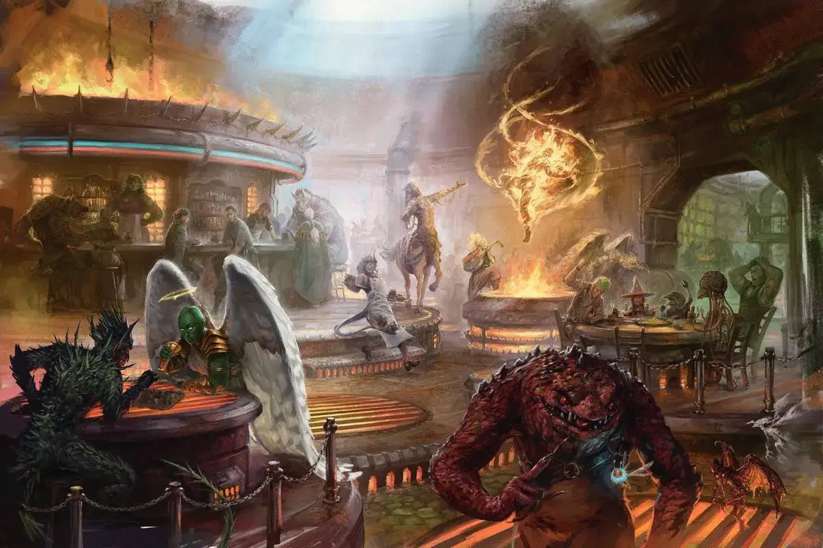 Tętniący życiem planescape: anioł, potwór i centaur w tawernie, gdzie ogień tańczy, a istoty z różnych światów grają w karty.