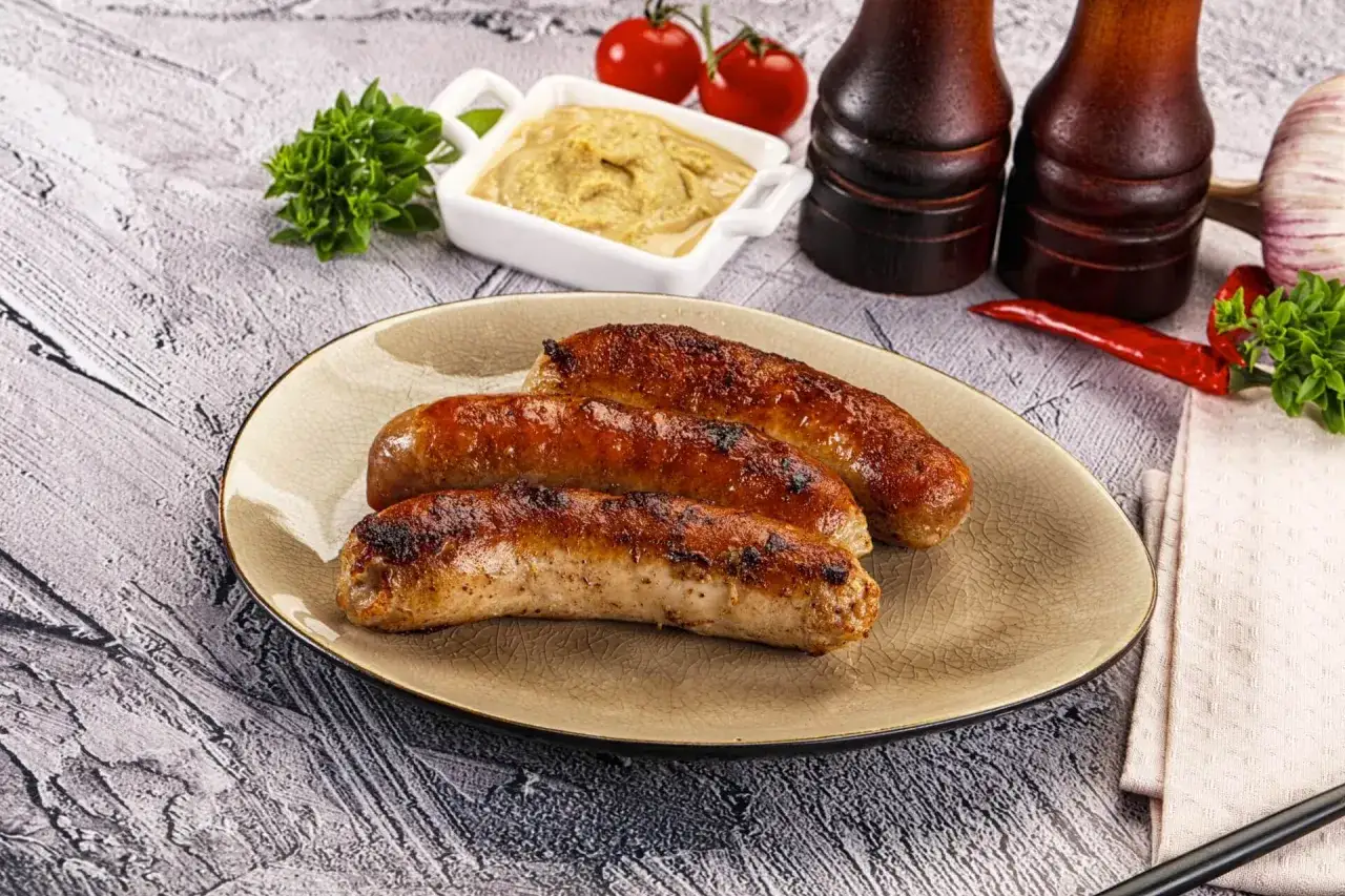 Złocista kiełbasa z airfryer na talerzu, obok musztarda, pomidorki i przyprawy. Idealna na szybki obiad.