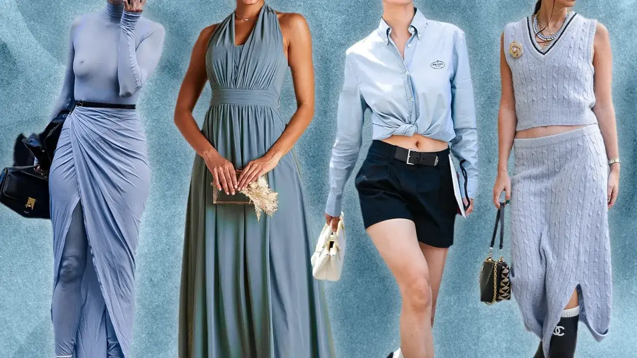 Quattro outfit eleganti con tonalità di blu e grigio, dimostrando i colori che stanno bene con il blu per un look sofisticato.