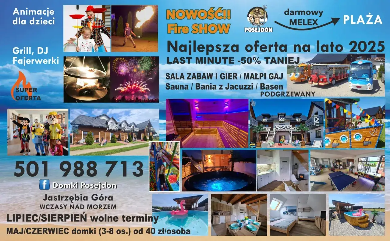 Domki Posejdon Jastrzębia Góra: animacje, grill, fajerwerki, fire show, basen, sauna, plac zabaw. Last minute -50%.