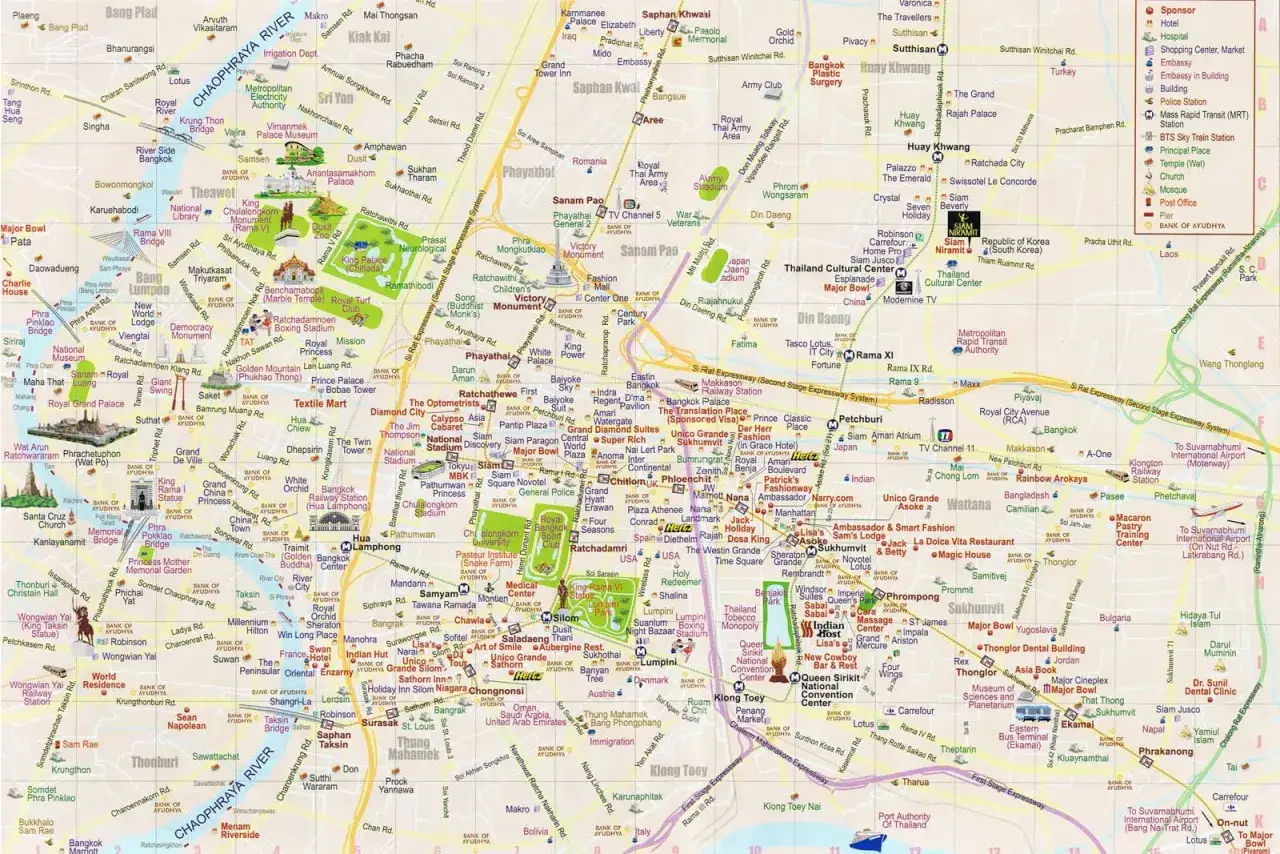 Mapa Bangkoku z zaznaczonymi atrakcjami, hotelami i transportem. Czy w Tajlandii jest bezpiecznie? Tak, mapa pokazuje wiele miejsc wartych odwiedzenia.