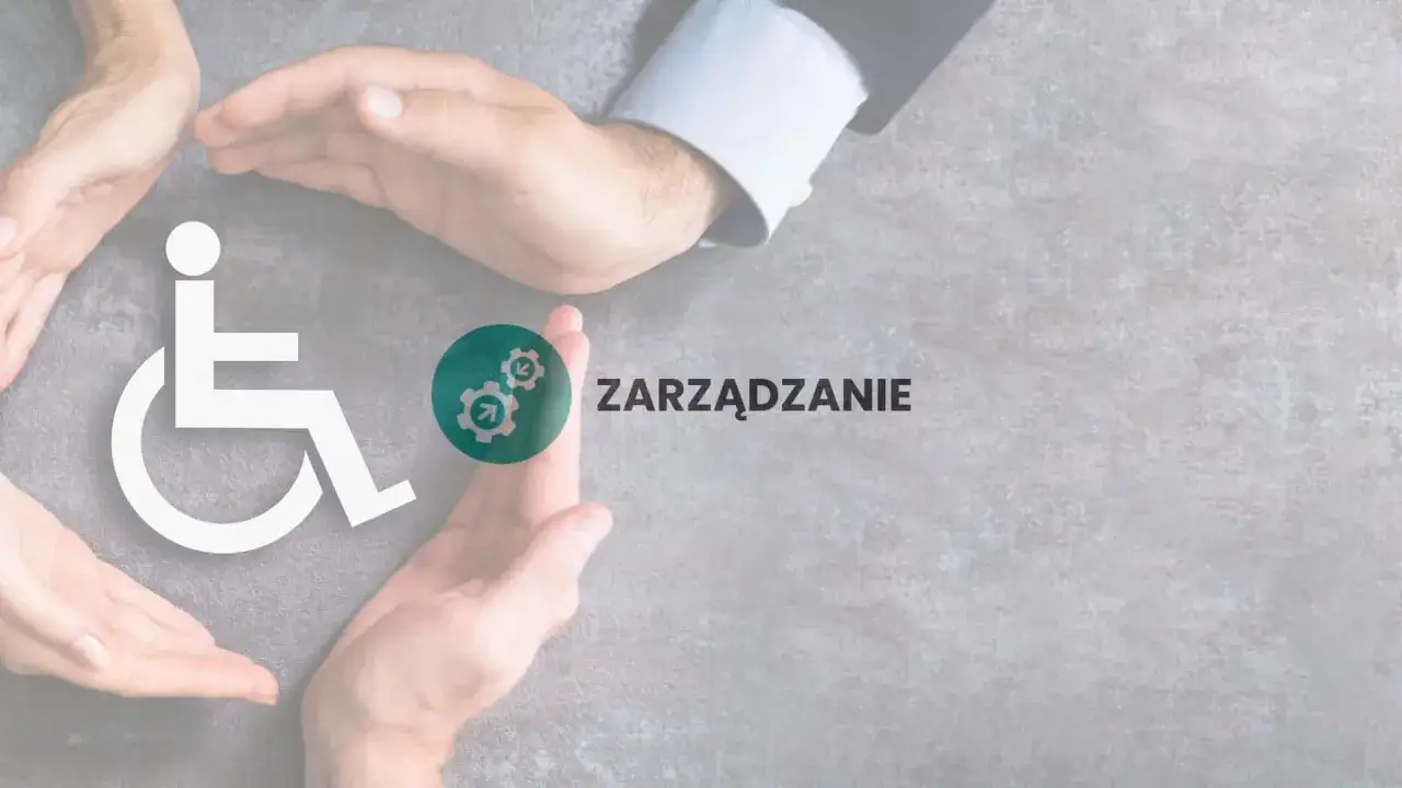 Dłonie tworzą osłonę dla symbolu osoby na wózku inwalidzkim, symbolizując troskę o warunki pracy chronionej. Obok widnieje napis 