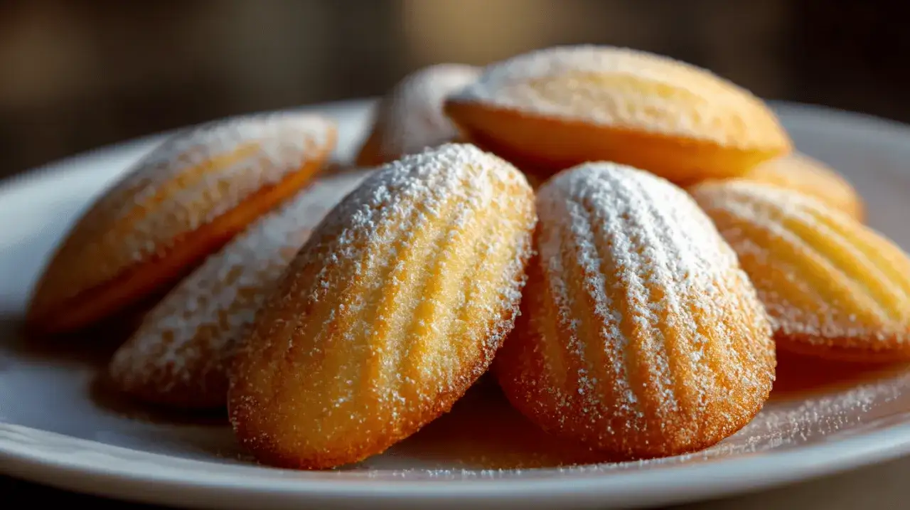 Ein Haufen goldbrauner Madeleines, best&auml;ubt mit Puderzucker. Diese sehen aus wie die besten Madeleines, die man sich w&uuml;nschen kann.