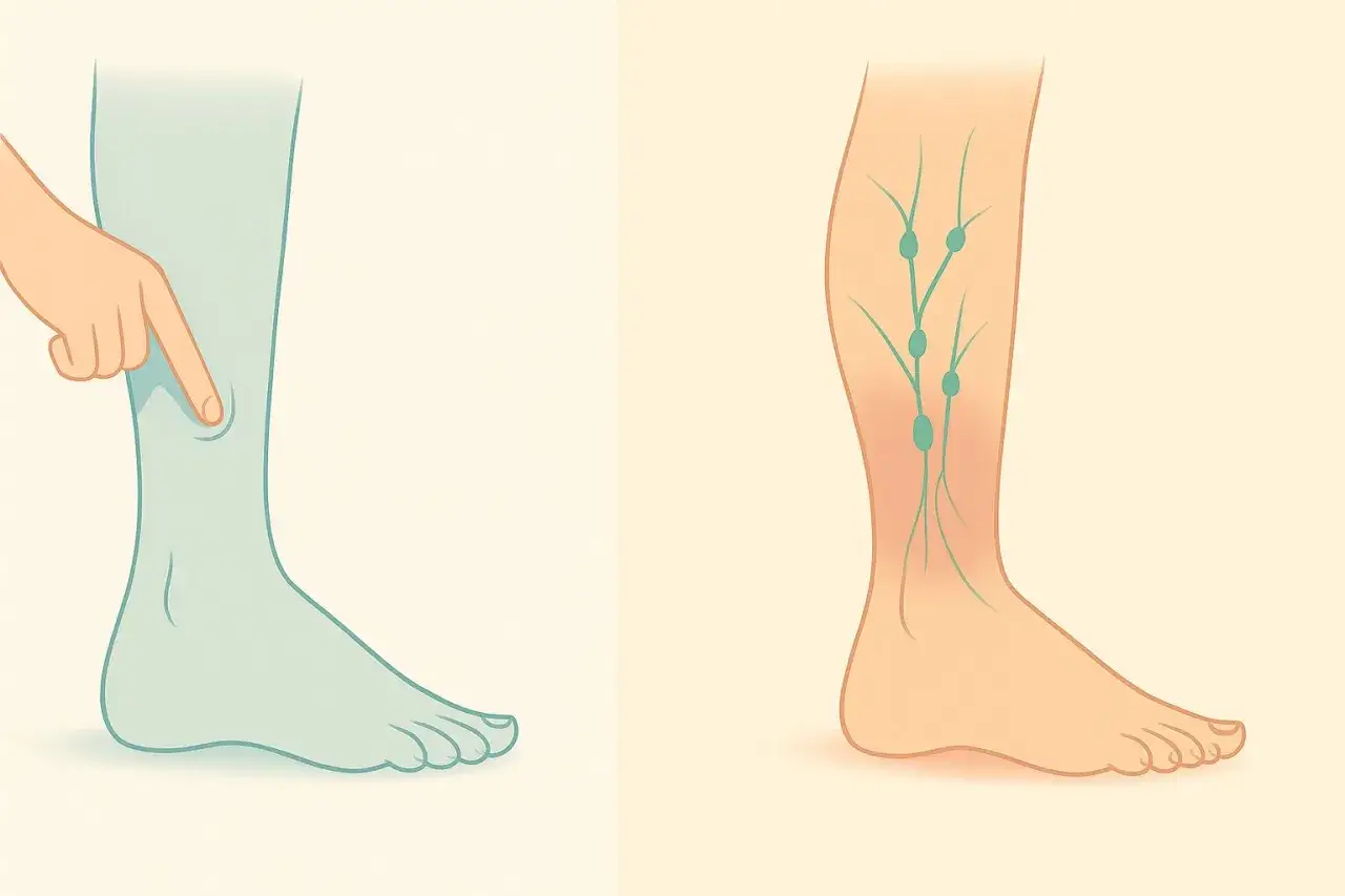 Illustration zeigt geschwollene beine nach vielem laufen. Ein Finger drückt auf eine Delle am Unterschenkel. Daneben ist das Lymphsystem des Beins dargestellt.
