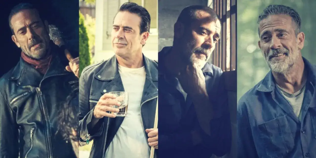 Quatre portraits de Negan de The Walking Dead, dans diff&eacute;rentes tenues et ambiances, parfois avec sa batte.