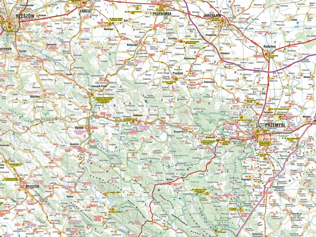 Mapa turystyczna Podkarpacia z atrakcjami