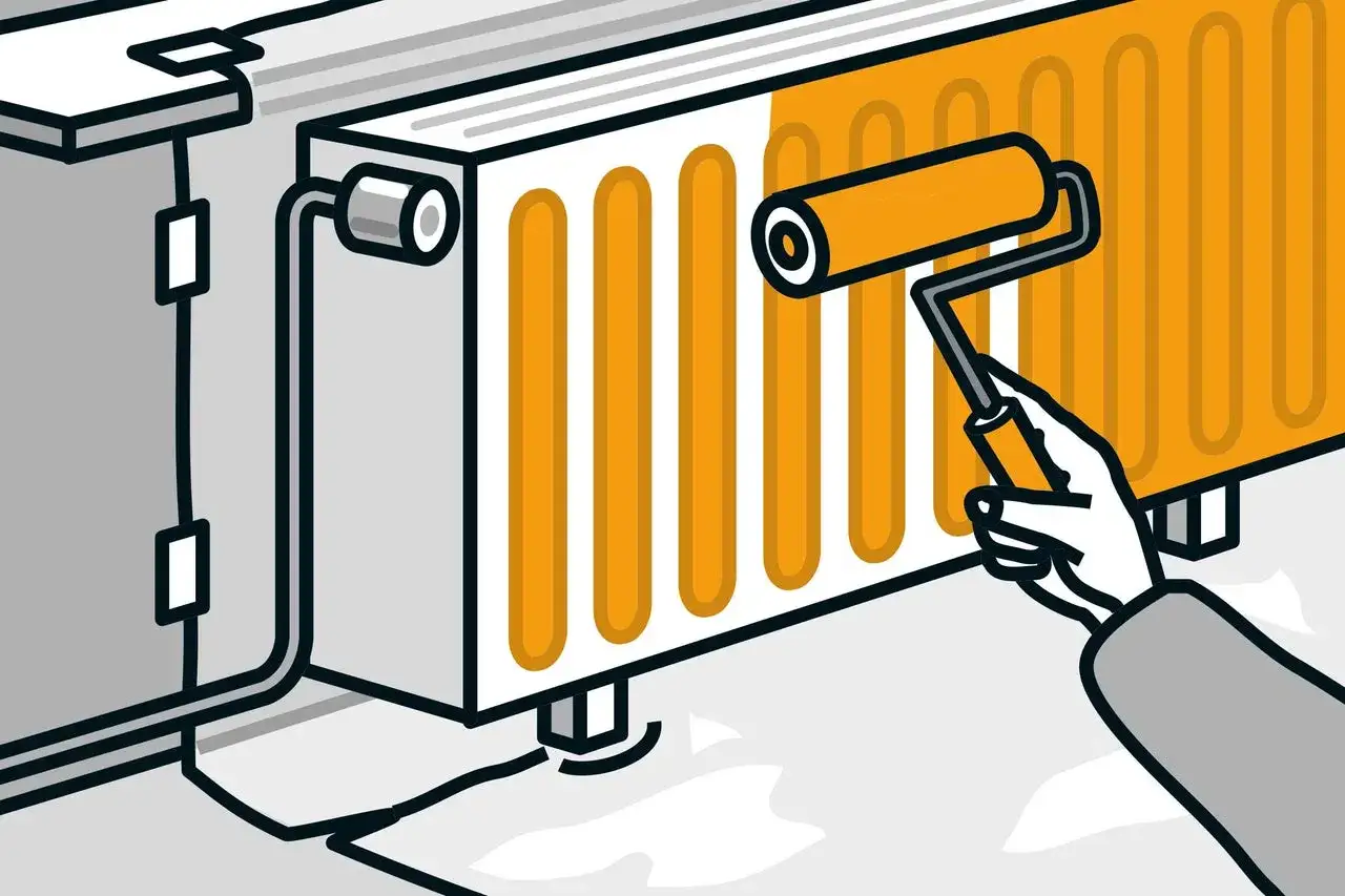 En hand använder en färgroller för att måla elementet orange.