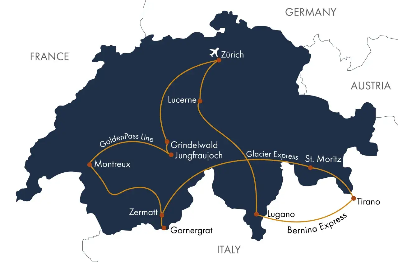 Map showing a scenic train journey from Zermatt to Lugano, passing through Montreux, Grindelwald, Lucerne, Zurich, St. Moritz, and Tirano.