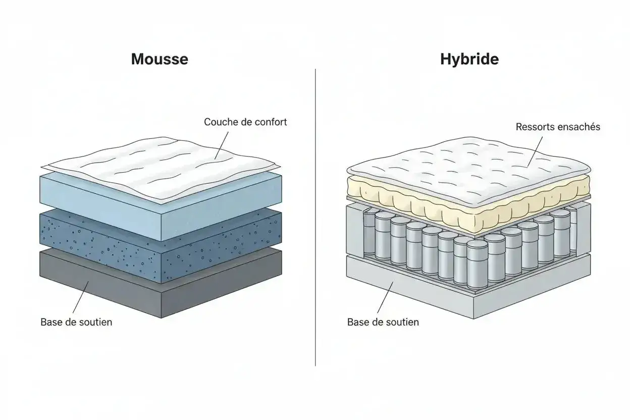 Comparaison : vaut il mieux un matelas mousse ou ressort ? Le matelas mousse est multicouche, l'hybride combine mousse et ressorts ensachés pour un soutien optimal.