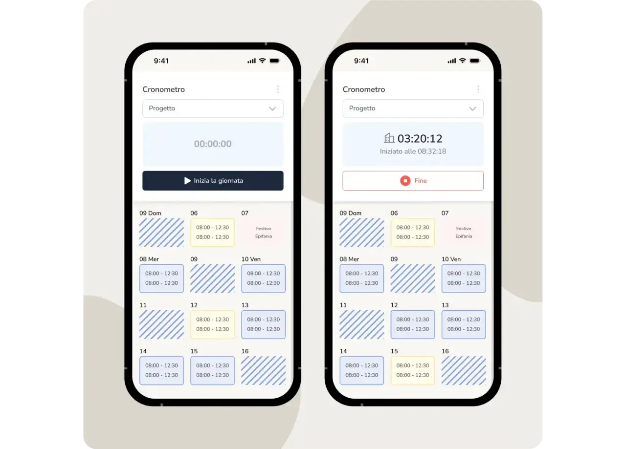 App per timbrature: due schermate di un'app per registrare le ore lavorative, una con cronometro a zero e l'altra con 3 ore e 20 minuti registrati.