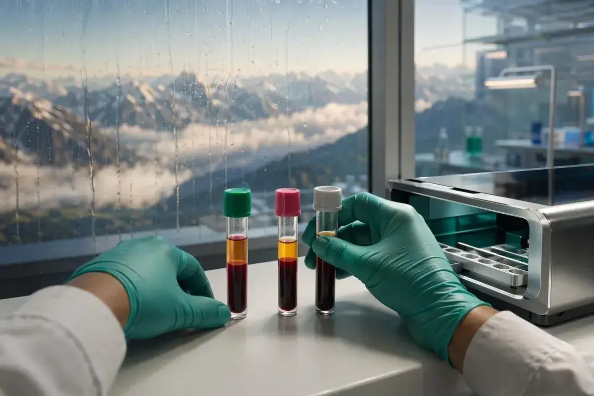 Rękawiczki laboratoryjne trzymają prob&oacute;wki z krwią. Badanie ferrytyny co to jest, kluczowe dla oceny zapas&oacute;w żelaza.