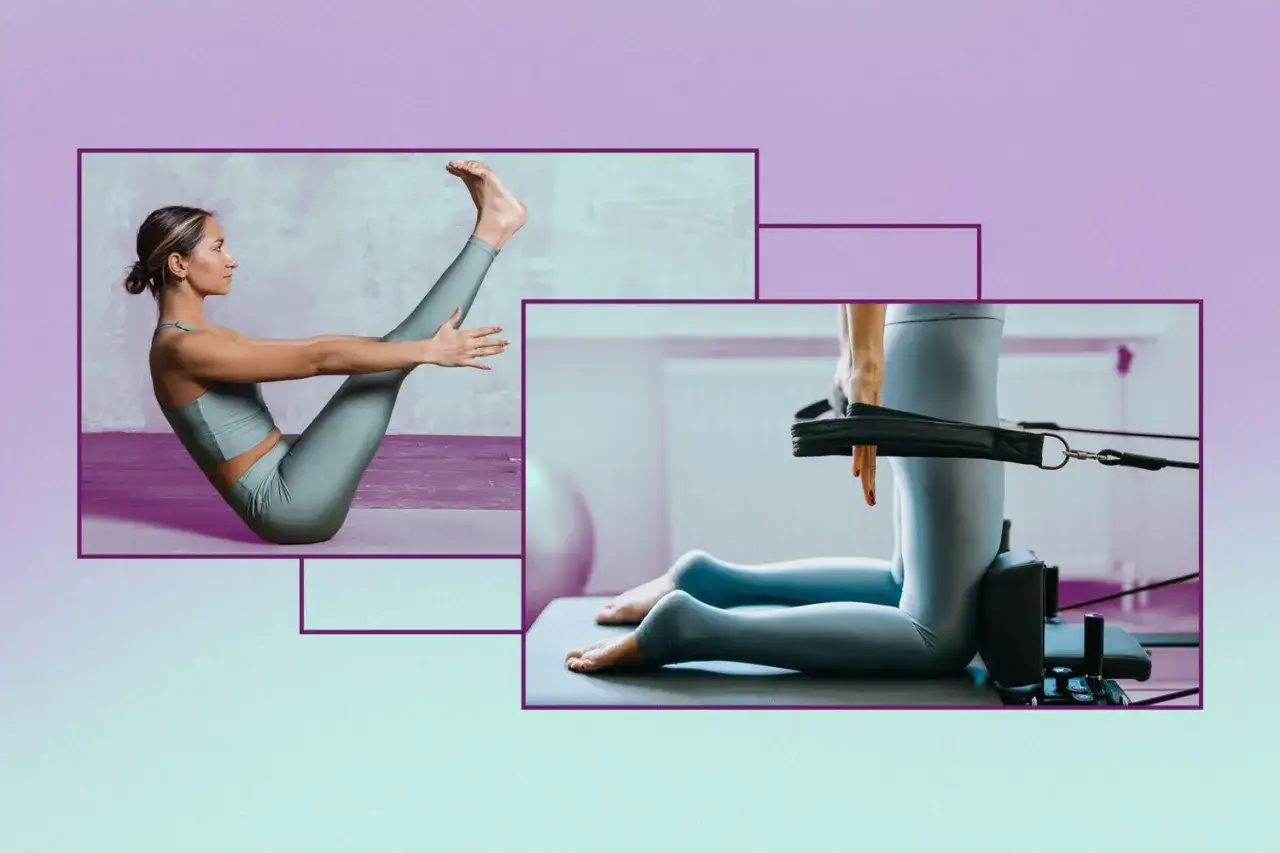 Kobieta ćwiczy pilates, wzmacniając mięśnie brzucha i nóg. To pokazuje, na czym polega pilates – precyzja i kontrola ruchu.
